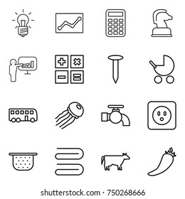 thin line icon set : bulb, statistics, calculator, chess horse, presentation, nail, baby stroller, bus, jellyfish, water tap, power socket, colander, towel, cow, hot pepper