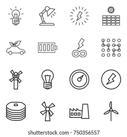 thin line icon set : bulb, table lamp, lightning, sun power, eco car, battery, infinity, chip, windmill, barometer, electricity, pancakes, factory