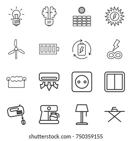 thin line icon set : bulb, brain, sun power, windmill, battery, charge, infinity, electrostatic, air conditioning, socket, switch, mixer, coffee maker, floor lamp, iron board