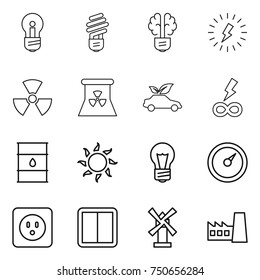 thin line icon set : bulb, brain, lightning, nuclear, power, eco car, infinity, barrel, sun, barometer, socket, switch, windmill, factory