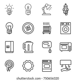 thin line icon set : bulb, table lamp, spark plug, cooler fan, radiator, washing machine, fridge, kettle, mixer, grill oven, elecric, induction, hand dryer