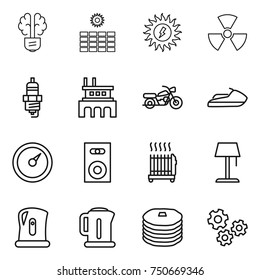 thin line icon set : bulb brain, sun power, nuclear, spark plug, factory, motorcycle, jet ski, barometer, speaker, radiator, floor lamp, kettle, pancakes, gears