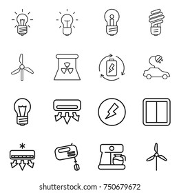 thin line icon set : bulb, windmill, nuclear power, battery charge, electric car, air conditioning, electricity, switch, mixer, coffee maker