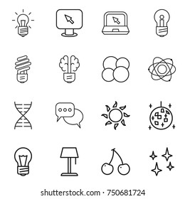 thin line icon set : bulb, monitor arrow, notebook, brain, atom core, dna, discussion, sun, disco ball, floor lamp, cherry, shining