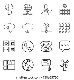 thin line icon set : bulb brain, globe connect, virus, sun power, cloude service, cloud wireless, laser, chip, calculator, phone, sms, consolidated cargo, earth, mixer, windmill