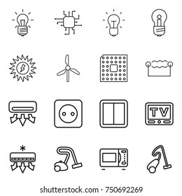 thin line icon set : bulb, chip, sun power, windmill, cpu, electrostatic, air conditioning, socket, switch, tv, vacuum cleaner, microwave oven