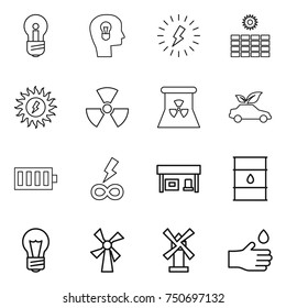 thin line icon set : bulb, head, lightning, sun power, nuclear, eco car, battery, infinity, gas station, barrel, windmill, hand drop