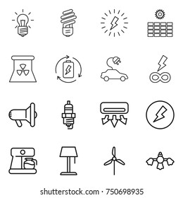 thin line icon set : bulb, lightning, sun power, nuclear, battery charge, electric car, infinity, megafon, spark plug, air conditioning, electricity, coffee maker, floor lamp, windmill