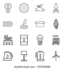 thin line icon set : bulb brain, gear, eco car, hoverboard, battery, infinity power, electrostatic, spark plug, factory, barrel, radiator, kettle, floor lamp, windmill