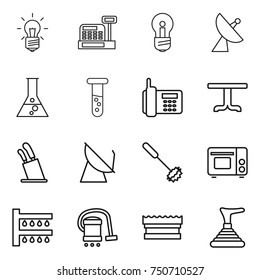 thin line icon set : bulb, cashbox, satellite antenna, flask, vial, phone, table, stands for knives, whisk, grill oven, watering, vacuum cleaner, sponge, plunger