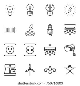 thin line icon set : bulb, brain, lightning, battery, infinity power, spark plug, air conditioning, socket, mixer, coffee maker, windmill, hard reach place cleaning, iron board