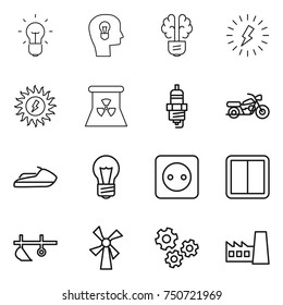 thin line icon set : bulb, head, brain, lightning, sun power, nuclear, spark plug, motorcycle, jet ski, socket, switch, plow, windmill, gears, factory