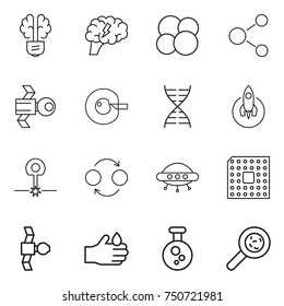 thin line icon set : bulb brain, atom core, molecule, satellite, cell corection, dna, rocket, laser, quantum bond, ufo, cpu, acid, chemical, viruses