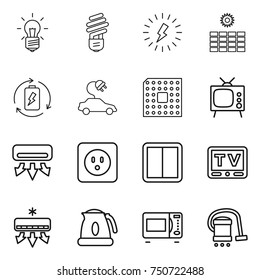 thin line icon set : bulb, lightning, sun power, battery charge, electric car, cpu, tv, air conditioning, socket, switch, kettle, microwave oven, vacuum cleaner