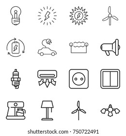 thin line icon set : bulb, lightning, sun power, windmill, battery charge, electric car, electrostatic, megafon, spark plug, air conditioning, socket, switch, coffee maker, floor lamp