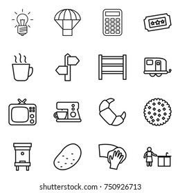 thin line icon set : bulb, parachute, calculator, ticket, hot drink, signpost, rack, trailer, tv, coffee maker, croissant, cookies, hive, potato, wiping, kitchen cleaning