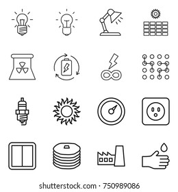 thin line icon set : bulb, table lamp, sun power, nuclear, battery charge, infinity, chip, spark plug, barometer, socket, switch, pancakes, factory, hand drop
