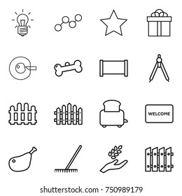 thin line icon set : bulb, graph, star, gift, cell corection, bone, fence, drawing compasses, toaster, welcome mat, chicken leg, rake, harvest