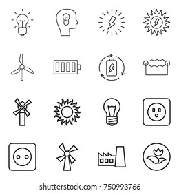 thin line icon set : bulb, head, lightning, sun power, windmill, battery, charge, electrostatic, socket, factory, ecology