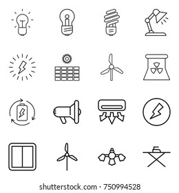 thin line icon set : bulb, table lamp, lightning, sun power, windmill, nuclear, battery charge, megafon, air conditioning, electricity, switch, hard reach place cleaning, iron board