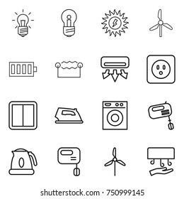 thin line icon set : bulb, sun power, windmill, battery, electrostatic, air conditioning, socket, switch, iron, washing machine, mixer, kettle, hand dryer