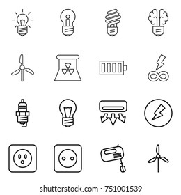 thin line icon set : bulb, brain, windmill, nuclear power, battery, infinity, spark plug, air conditioning, electricity, socket, mixer