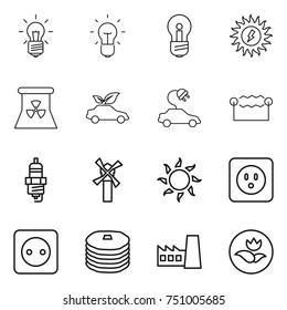 thin line icon set : bulb, sun power, nuclear, eco car, electric, electrostatic, spark plug, windmill, socket, pancakes, factory, ecology