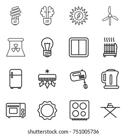 thin line icon set : bulb, brain, sun power, windmill, nuclear, switch, radiator, fridge, air conditioning, mixer, kettle, grill oven, induction, hob, iron board