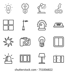 thin line icon set : bulb, brain, table lamp, infinity power, window, outdoor light, alarm, taxi, sun, camera, switch, floor, clean