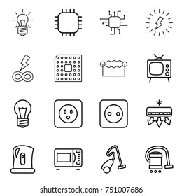 thin line icon set : bulb, chip, lightning, infinity power, cpu, electrostatic, tv, socket, air conditioning, kettle, microwave oven, vacuum cleaner