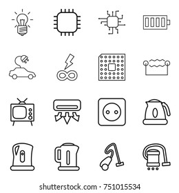 thin line icon set : bulb, chip, battery, electric car, infinity power, cpu, electrostatic, tv, air conditioning, socket, kettle, vacuum cleaner