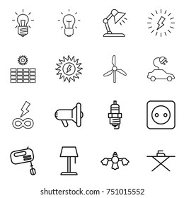 thin line icon set : bulb, table lamp, lightning, sun power, windmill, electric car, infinity, megafon, spark plug, socket, mixer, floor, hard reach place cleaning, iron board