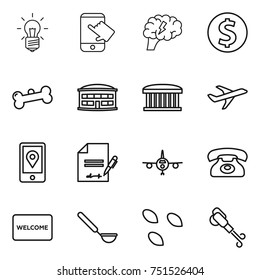 thin line icon set : bulb, touch, brain, dollar coin, bone, airport building, plane, mobile location, inventory, phone, welcome mat, ladle, seeds, blower