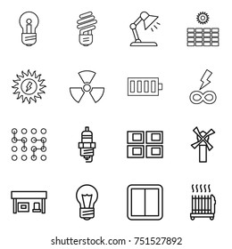 thin line icon set : bulb, table lamp, sun power, nuclear, battery, infinity, chip, spark plug, panel house, windmill, gas station, switch, radiator