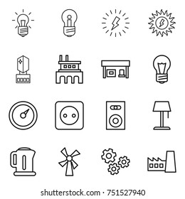 thin line icon set : bulb, lightning, sun power, crystall memory, factory, gas station, barometer, socket, speaker, floor lamp, kettle, windmill, gears