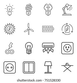thin line icon set : bulb, brain, table lamp, sun power, windmill, battery, charge, infinity, air conditioning, socket, switch, floor, iron board