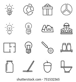 thin line icon set : bulb, circle diagram, gift, project, mansion, plan, skimmer, salt pepper, bank, rake, acorn, toilet