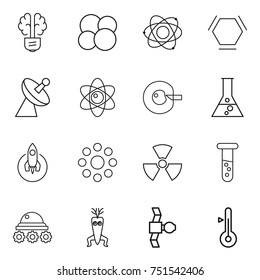 thin line icon set : bulb brain, atom core, hex molecule, satellite antenna, cell corection, flask, rocket, round around, nuclear, vial, lunar rover, dna modify, thermometer