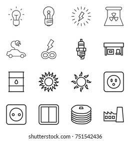 thin line icon set : bulb, lightning, nuclear power, electric car, infinity, spark plug, gas station, barrel, sun, socket, switch, pancakes, factory