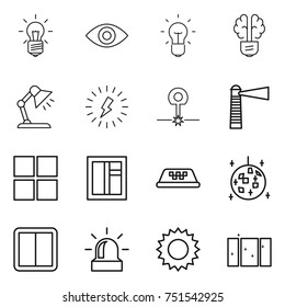thin line icon set : bulb, eye, brain, table lamp, lightning, laser, lighthouse, window, taxi, disco ball, power switch, alarm, sun, clean