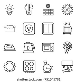thin line icon set : bulb, brain, sun power, electrostatic, socket, switch, radiator, iron, kettle, grill oven, elecric, induction, hob, water pump, hand dryer