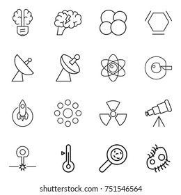 thin line icon set : bulb brain, atom core, hex molecule, satellite antenna, cell corection, rocket, round around, nuclear, telescope, laser, thermometer, viruses, microb