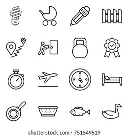 thin line icon set : bulb, baby stroller, pencil, fence, route, courier delivery, heavy, medal, stopwatch, departure, watch, bed, pan, colander, fish, goose