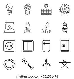 thin line icon set : bulb, sun power, nuclear, hoverboard, infinity, spark plug, socket, switch, fridge, induction oven, blender, windmill, iron board