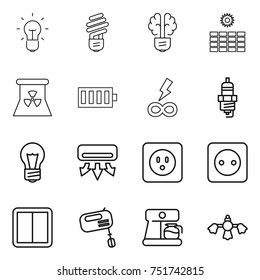 thin line icon set : bulb, brain, sun power, nuclear, battery, infinity, spark plug, air conditioning, socket, switch, mixer, coffee maker, hard reach place cleaning