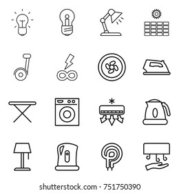 thin line icon set : bulb, table lamp, sun power, infinity, cooler fan, iron, board, washing machine, air conditioning, kettle, floor, electric oven, hand dryer