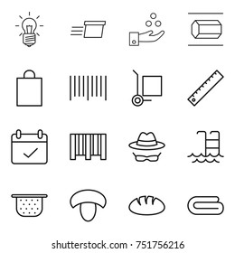 thin line icon set : bulb, delivery, chemical industry, nano tube, shopping bag, bar code, cargo stoller, ruler, terms, confidential, pool, colander, mushroom, bread, towel