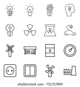 thin line icon set : bulb, head, brain, nuclear, power, electric car, windmill, gas station, barrel, barometer, socket, switch, factory