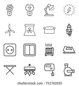 thin line icon set : bulb, brain, table lamp, lightning, windmill, nuclear power, electrostatic, spark plug, socket, switch, radiator, iron, board, air conditioning, mixer, water pump