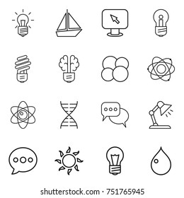 thin line icon set : bulb, boat, monitor arrow, brain, atom core, dna, discussion, table lamp, balloon, sun, drop